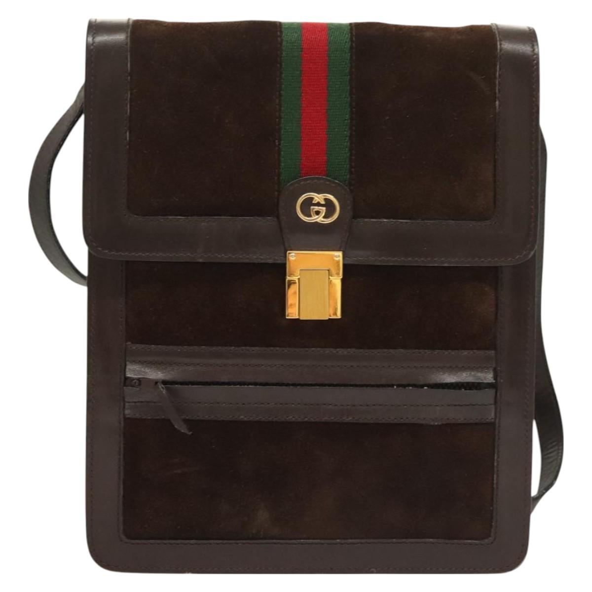 GUCCI GG Canvas Web Sherry Line Bag Suede Leather Dark Brown gold Auth BA3132