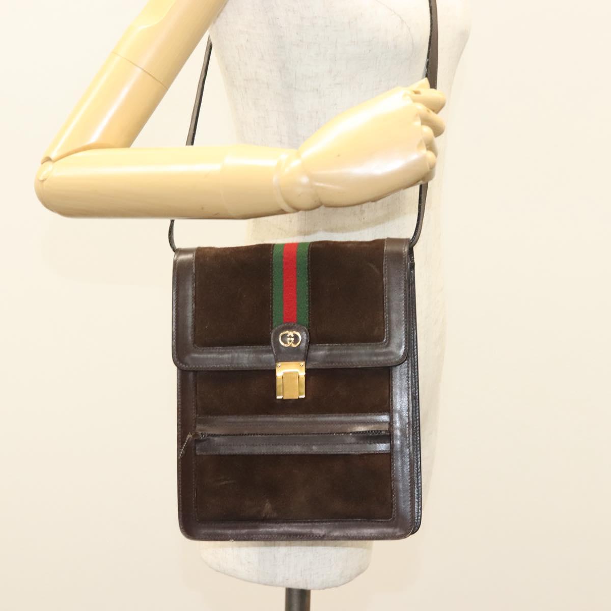 GUCCI GG Canvas Web Sherry Line Bag Suede Leather Dark Brown gold Auth BA3132
