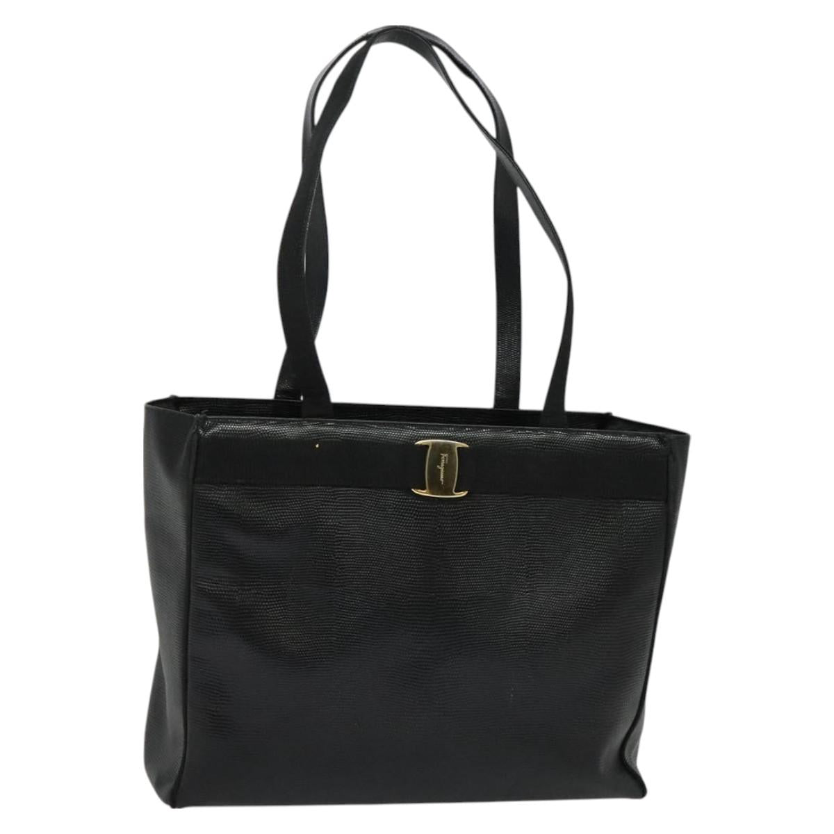 Salvatore Ferragamo Gancini Tote Bag Leather Black Gold Auth BA3136