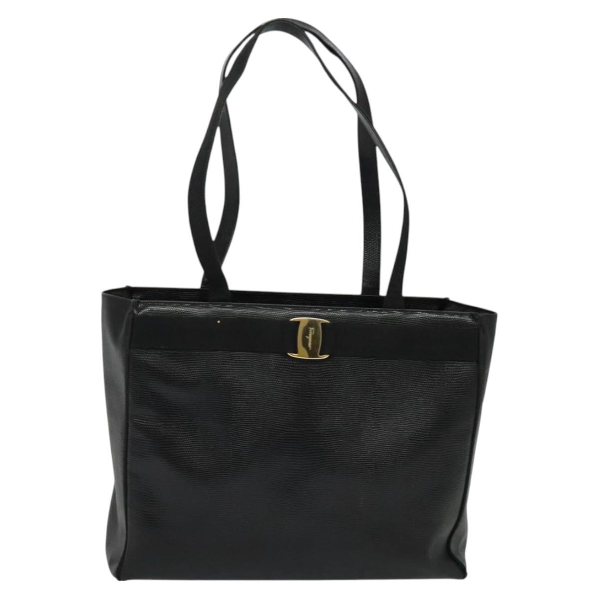 Salvatore Ferragamo Gancini Tote Bag Leather Black Gold Auth BA3136