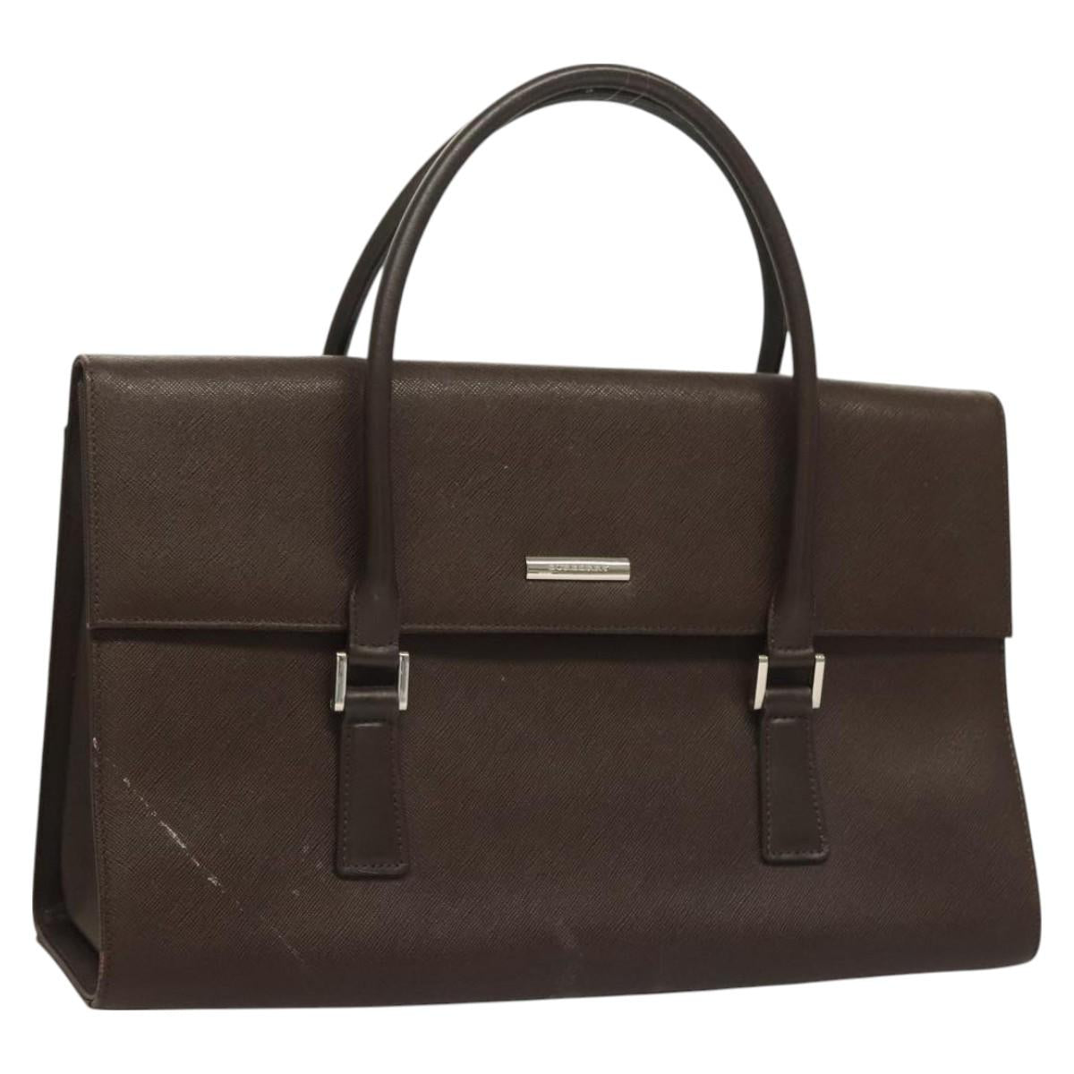BURBERRY Hand Bag Leather Silver Brown Auth BA3148