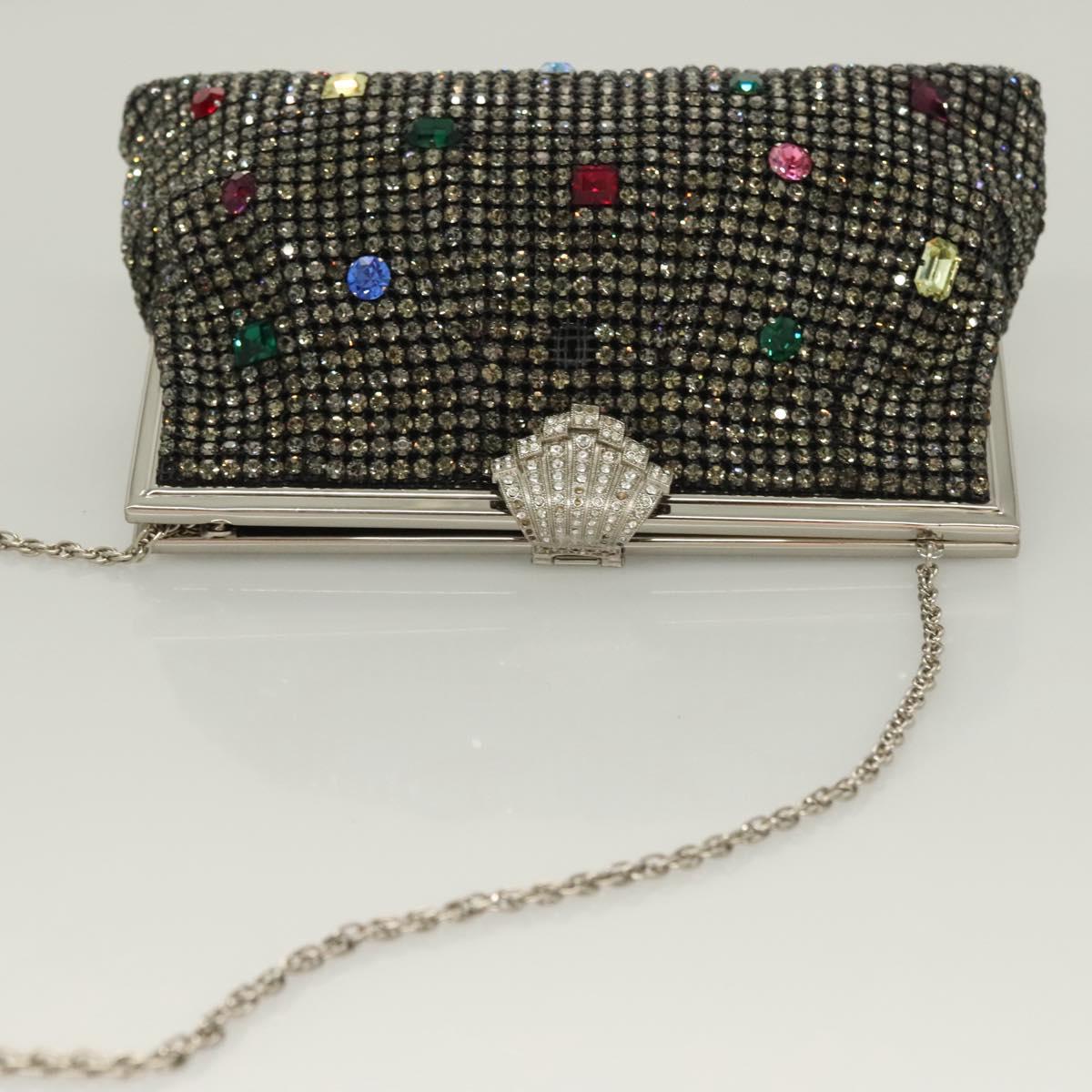 BALLY Rhinestone Chain Shoulder Bag Leather Black Silver Auth BA3151