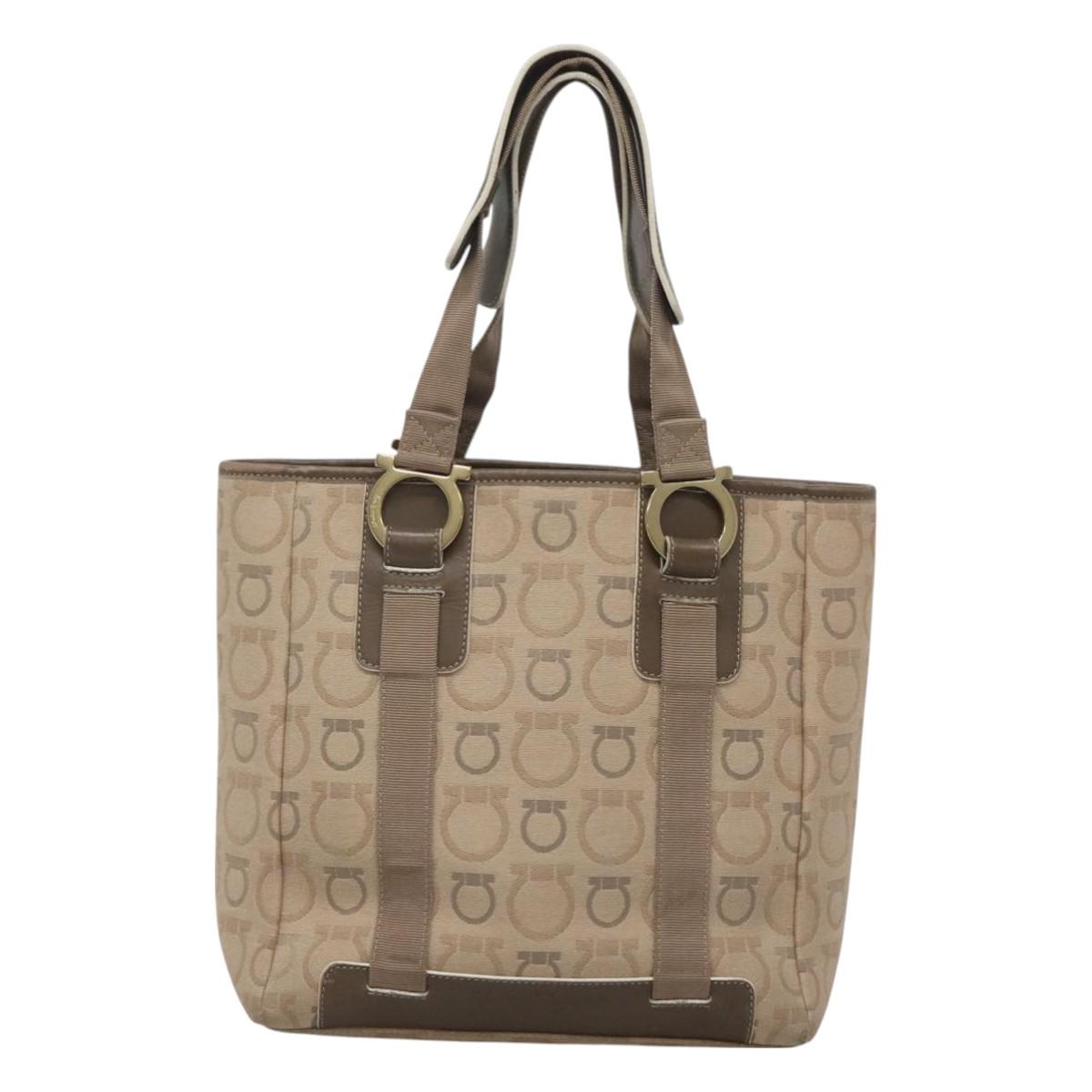 Salvatore Ferragamo Gancini Tote Bag Canvas Beige gold Auth BA3168