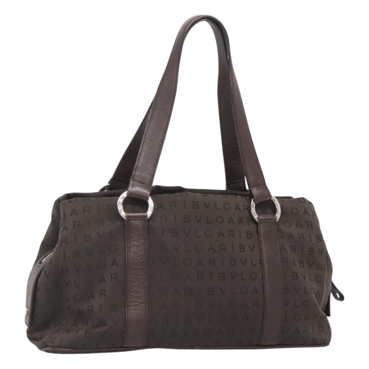 BVLGARI Logo Mania Shoulder Bag Canvas Brown Silver Auth BA3170