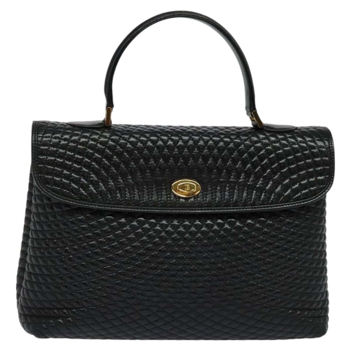 BALLY Quilted Hand Bag Leather Black Gold Auth BA3175