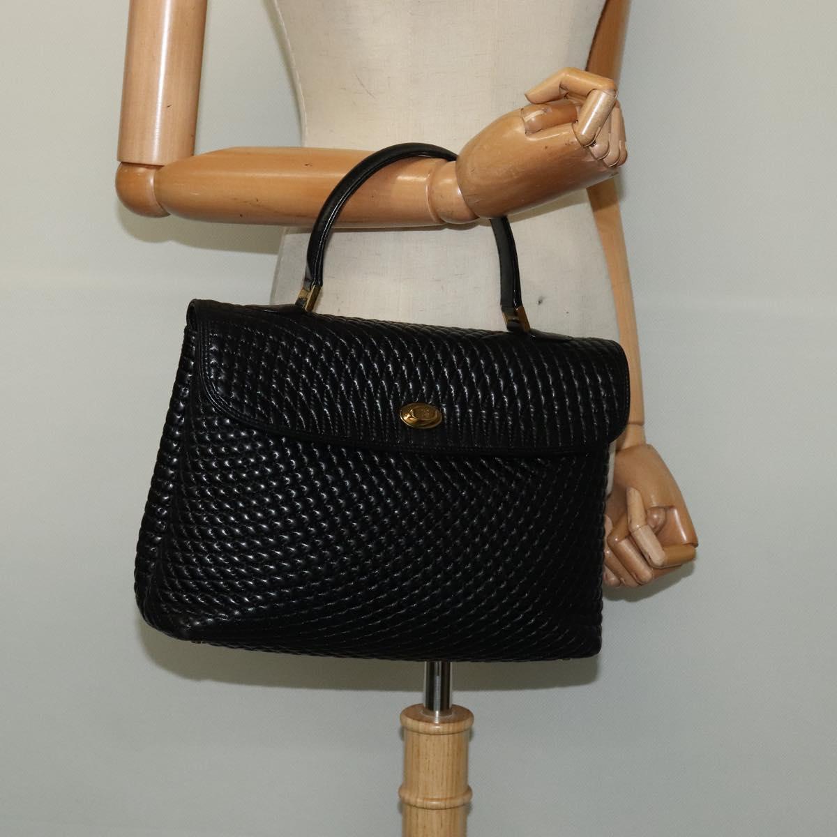 BALLY Quilted Hand Bag Leather Black Gold Auth BA3175