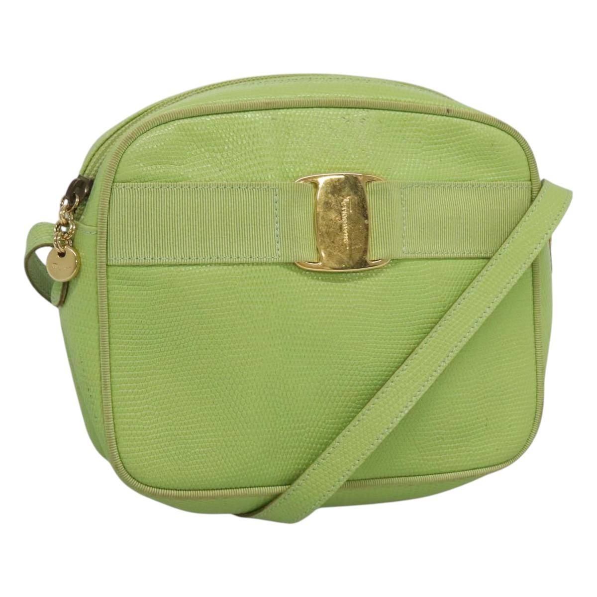 Salvatore Ferragamo Vala Shoulder Bag Leather Embossing Green Gold Auth BA320