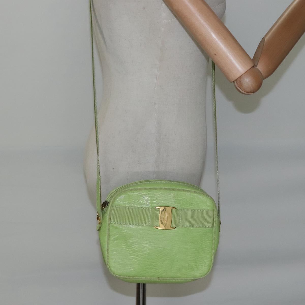 Salvatore Ferragamo Vala Shoulder Bag Leather Embossing Green Gold Auth BA320