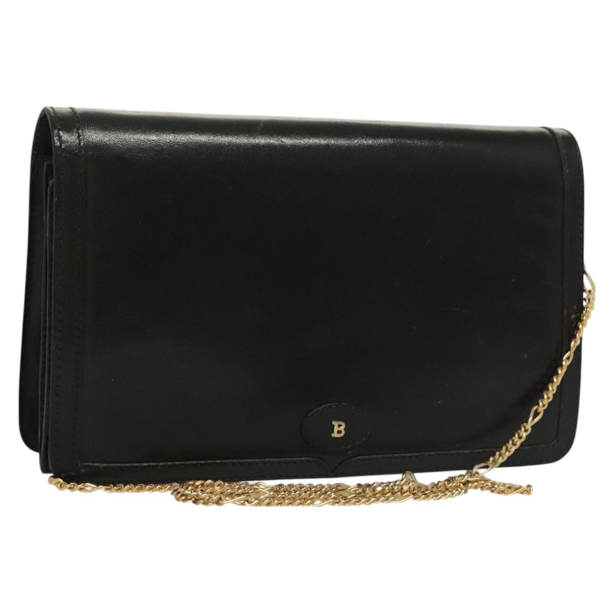 BALLY Wallet Chain Shoulder Bag Leather Gold Black Auth BA3241