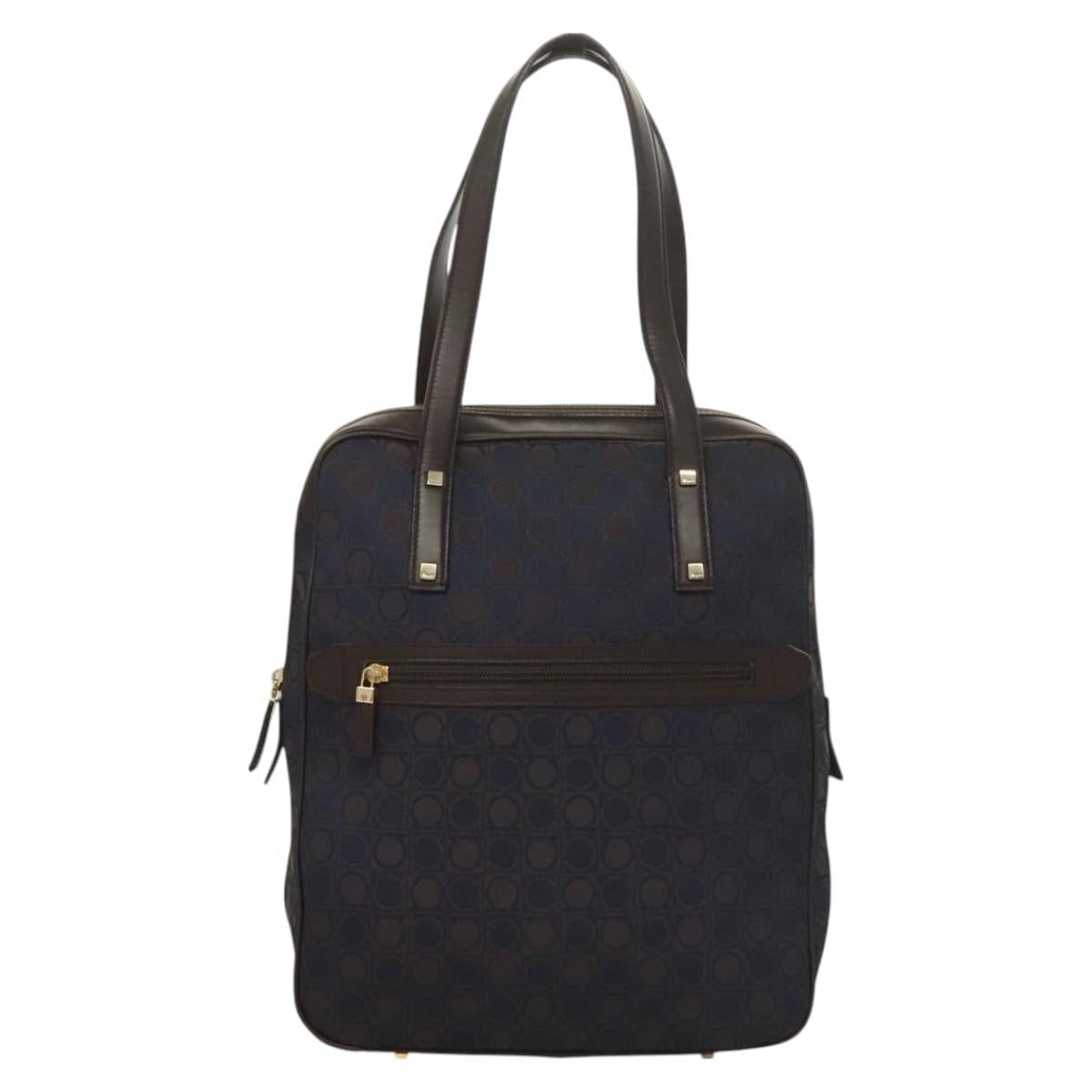 Salvatore Ferragamo Gancini Hand Bag Canvas Navy Gold Auth BA3244