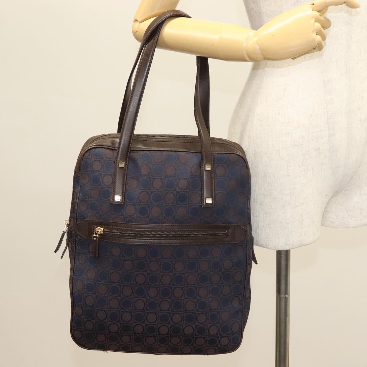 Salvatore Ferragamo Gancini Hand Bag Canvas Navy Gold Auth BA3244