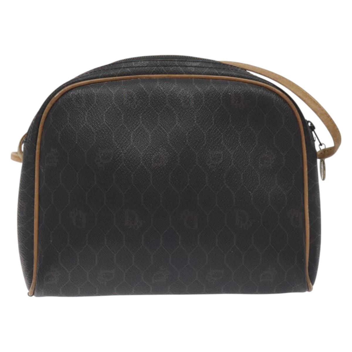 Christian Dior Honeycomb Canvas Shoulder Bag PVC Leather Black Gold Auth BA3305
