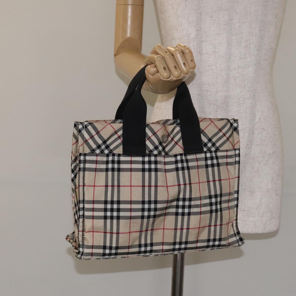 BURBERRY Nova Check Blue Label Hand Bag Nylon Beige Silver Auth BA3308