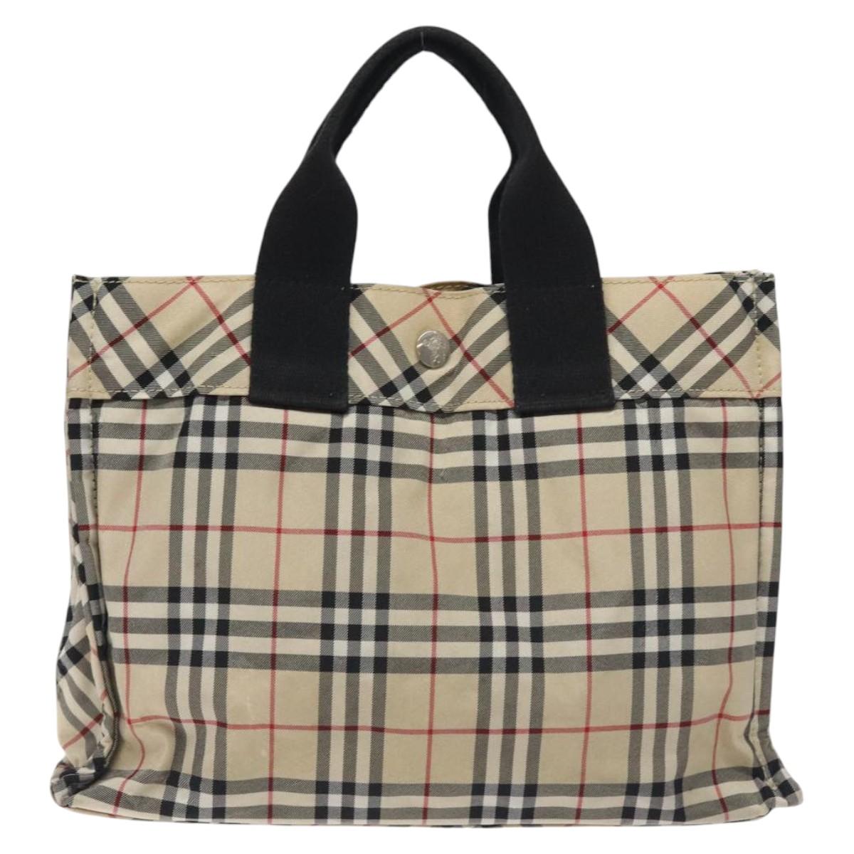 BURBERRY Nova Check Blue Label Hand Bag Nylon Beige Silver Auth BA3308