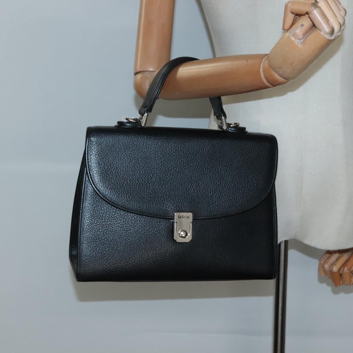 Burberrys Hand Bag Leather Black Silver Auth BA3309