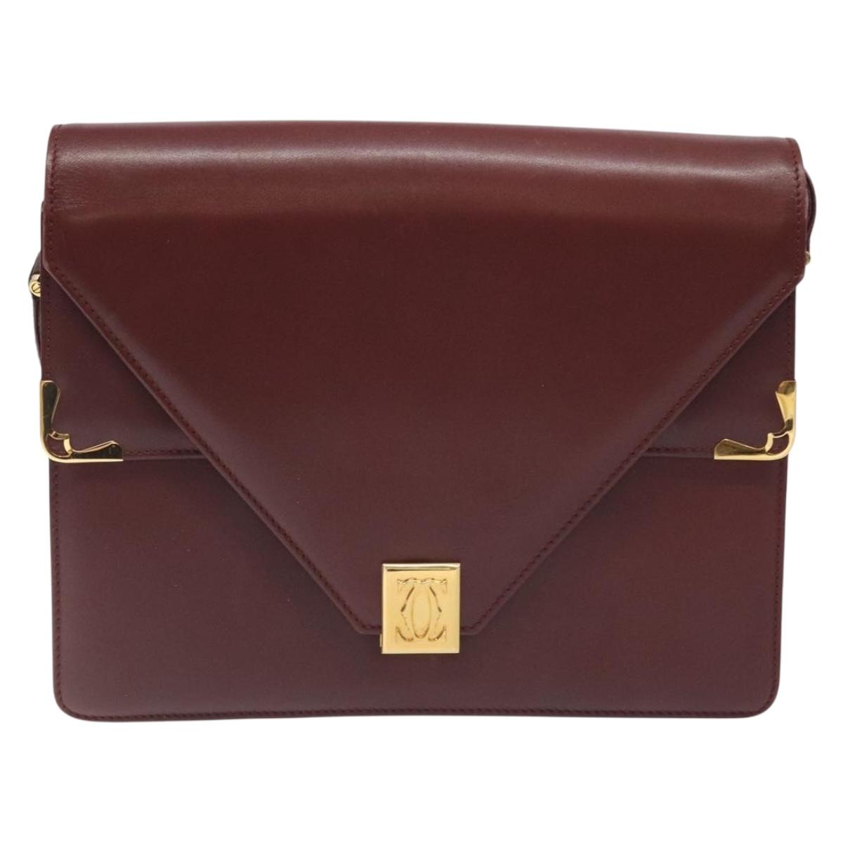 CARTIER Must Line Shoulder Bag Leather Bordeaux Gold Auth BA3311