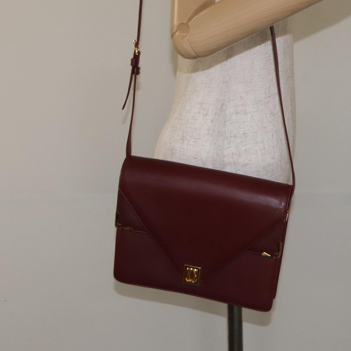 CARTIER Must Line Shoulder Bag Leather Bordeaux Gold Auth BA3311