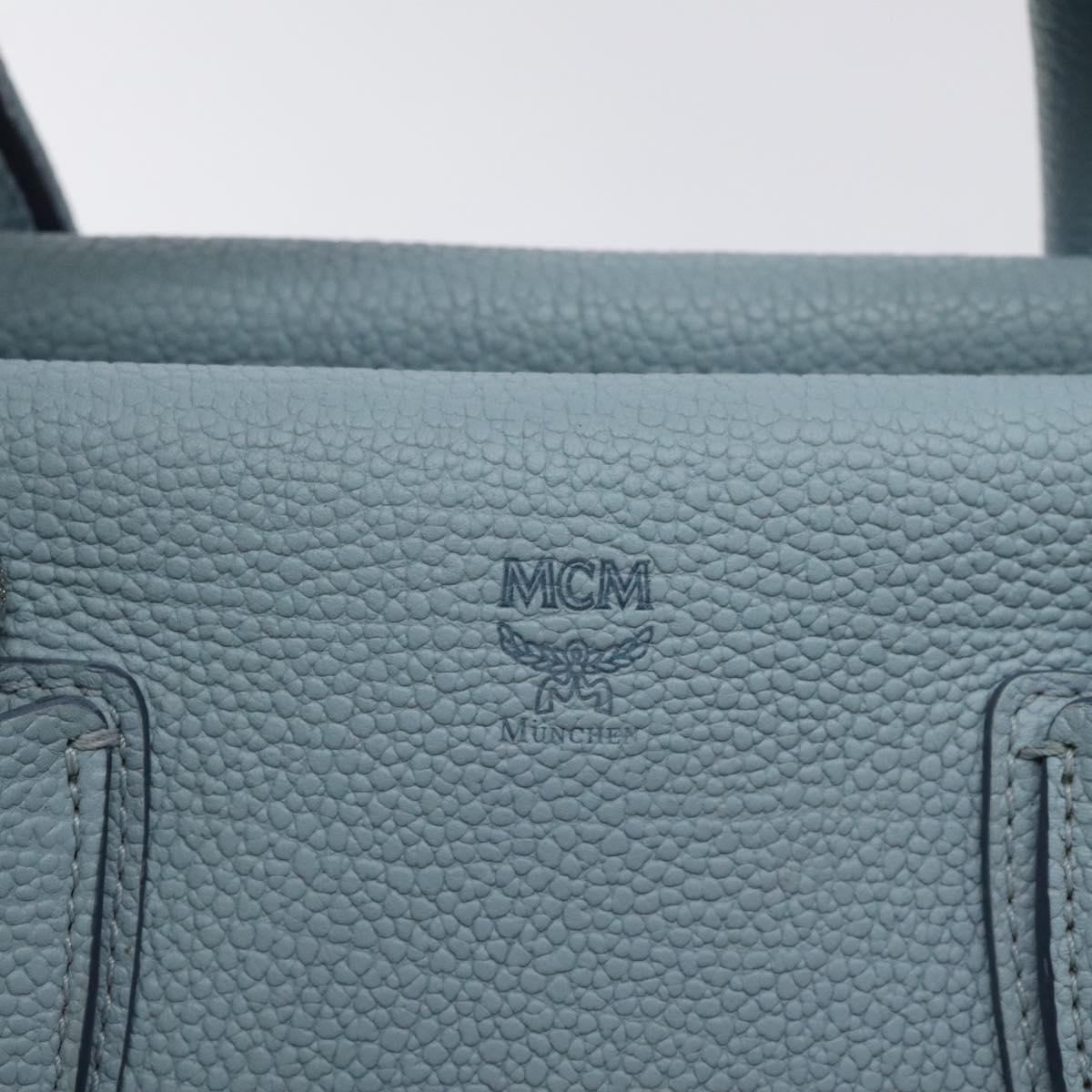 MCM Hand Bag Leather Light Blue Silver Auth BA3318