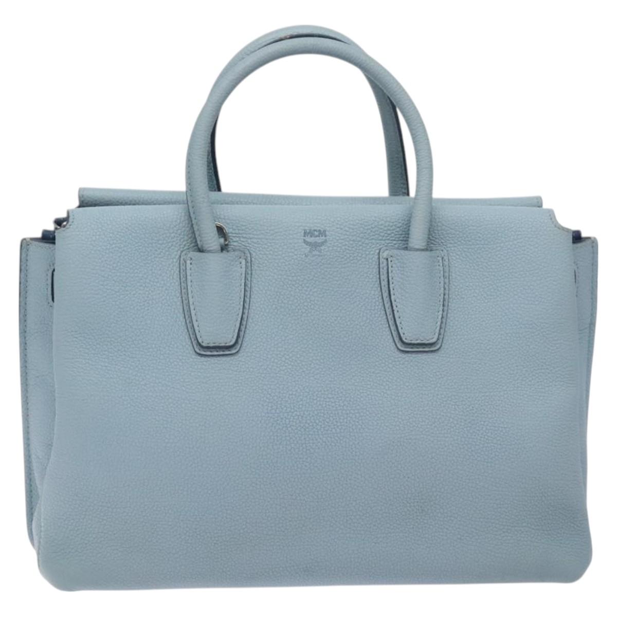 MCM Hand Bag Leather Light Blue Silver Auth BA3318
