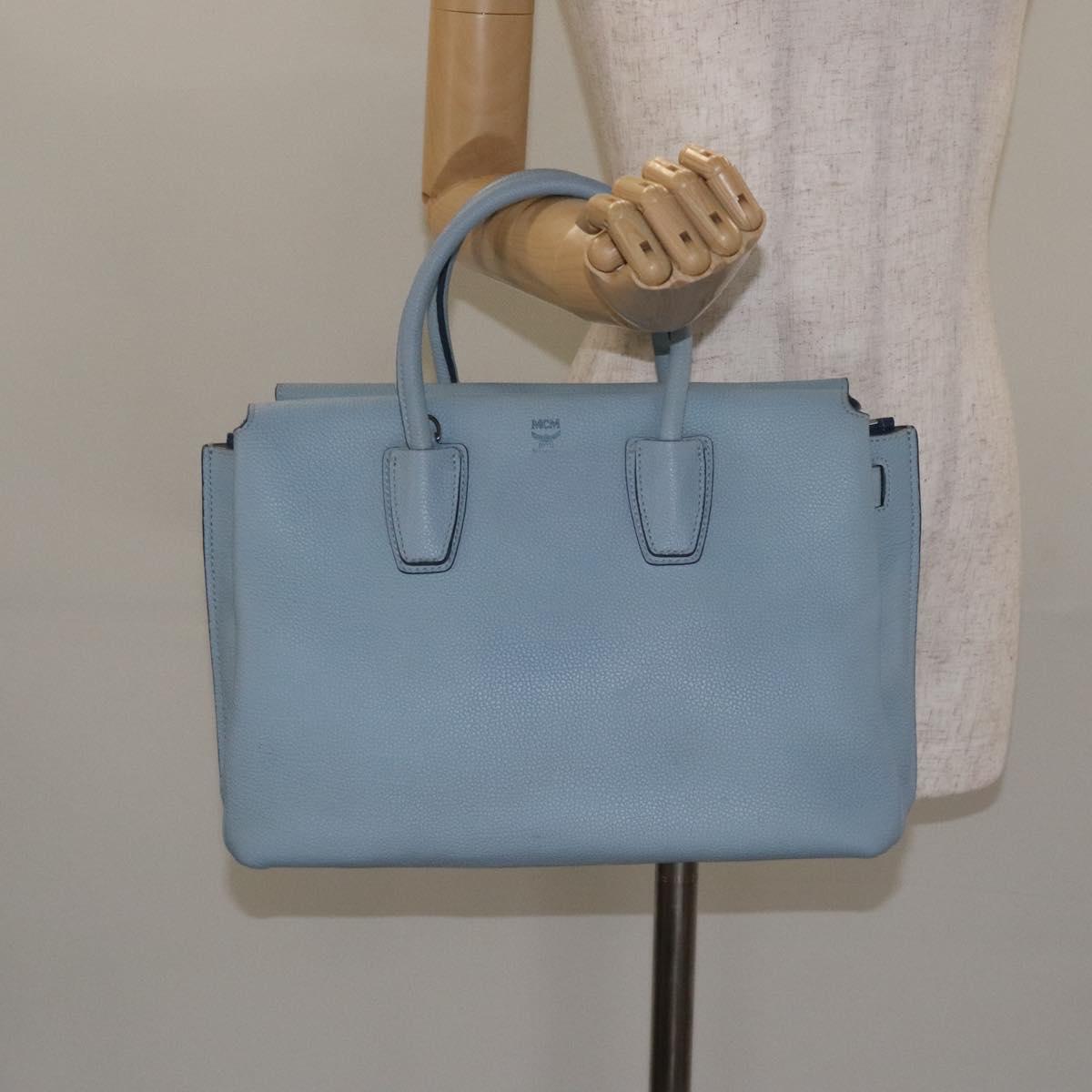 MCM Hand Bag Leather Light Blue Silver Auth BA3318