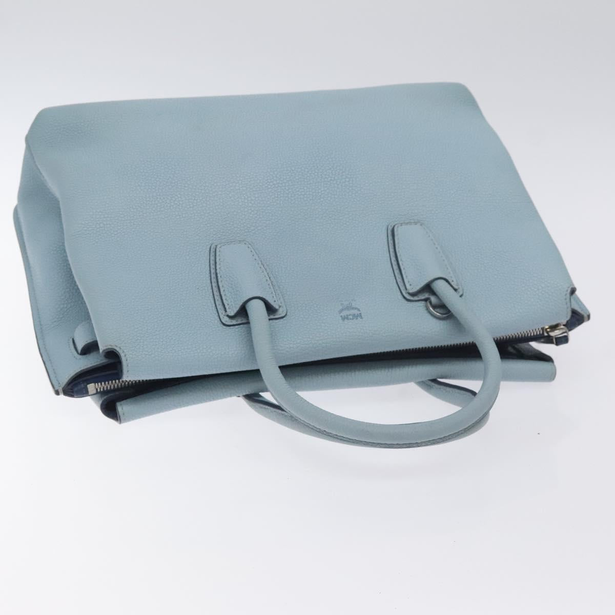 MCM Hand Bag Leather Light Blue Silver Auth BA3318