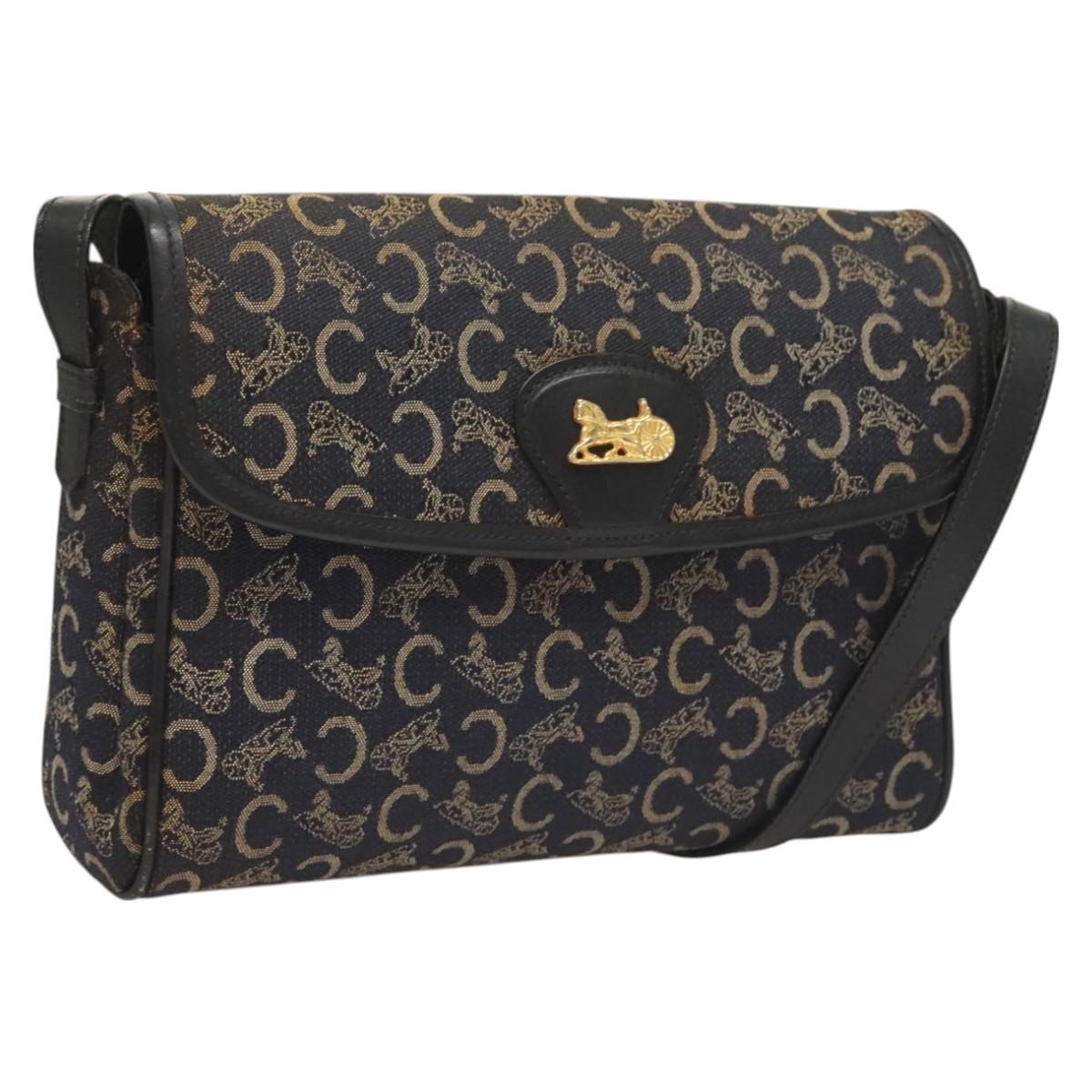 CELINE C Sulky Shoulder Bag Canvas Navy Gold Auth BA3319