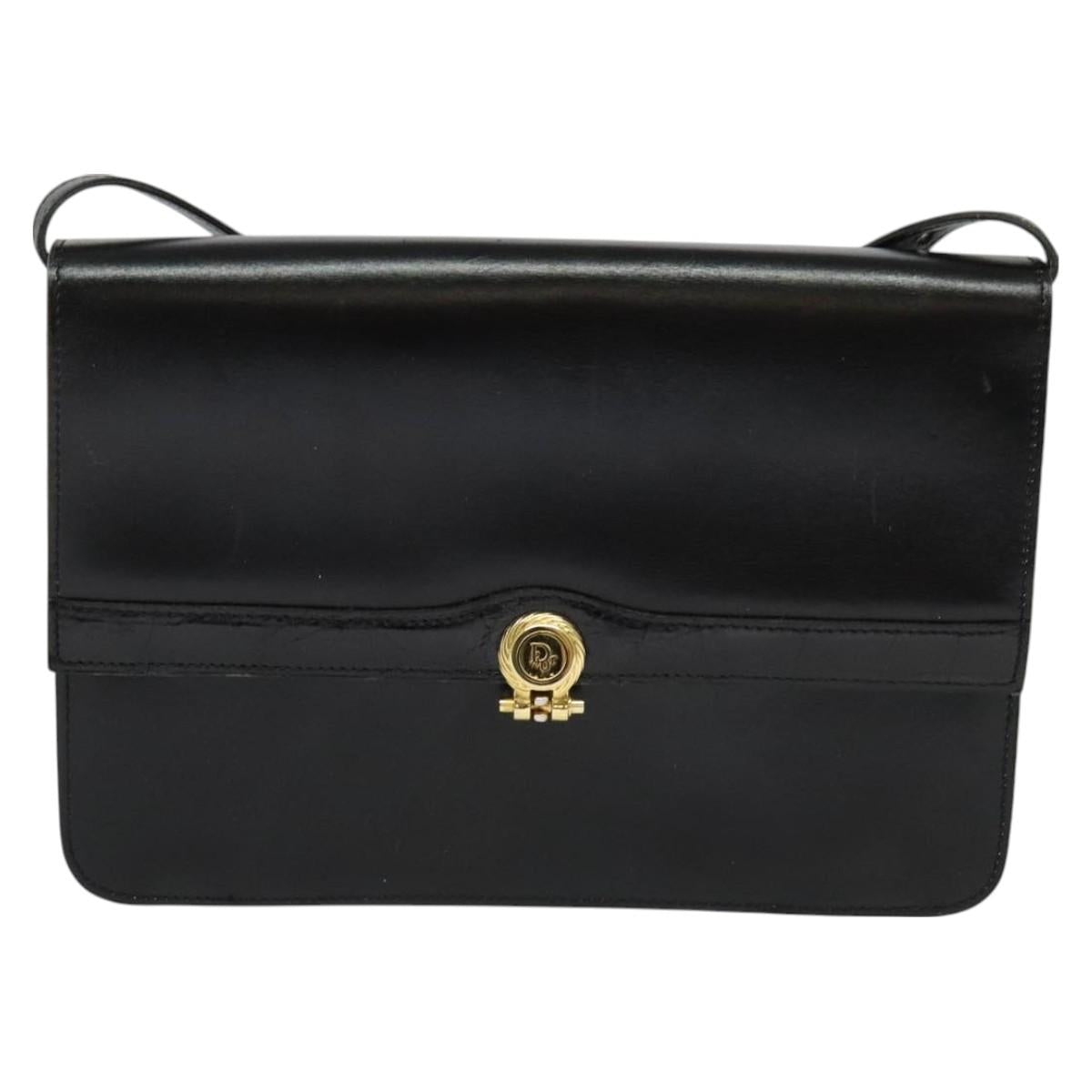 Christian Dior Shoulder Bag Leather Black Gold Auth BA3321
