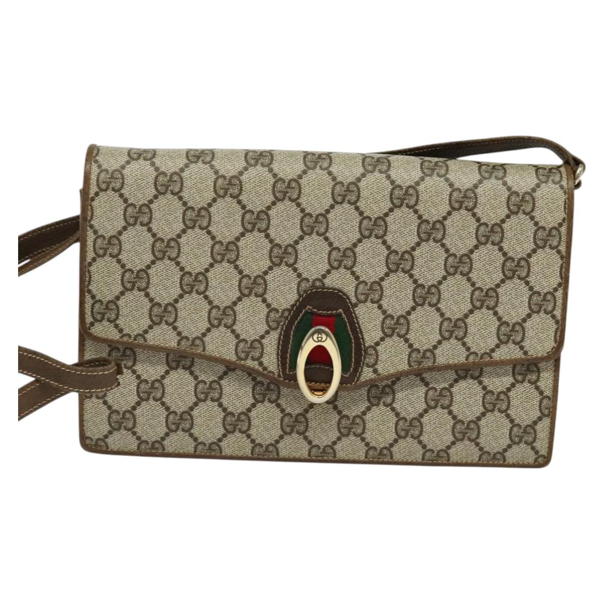 GUCCI GG Supreme Web Sherry Line Shoulder Bag PVC Beige Gold Auth BA3358