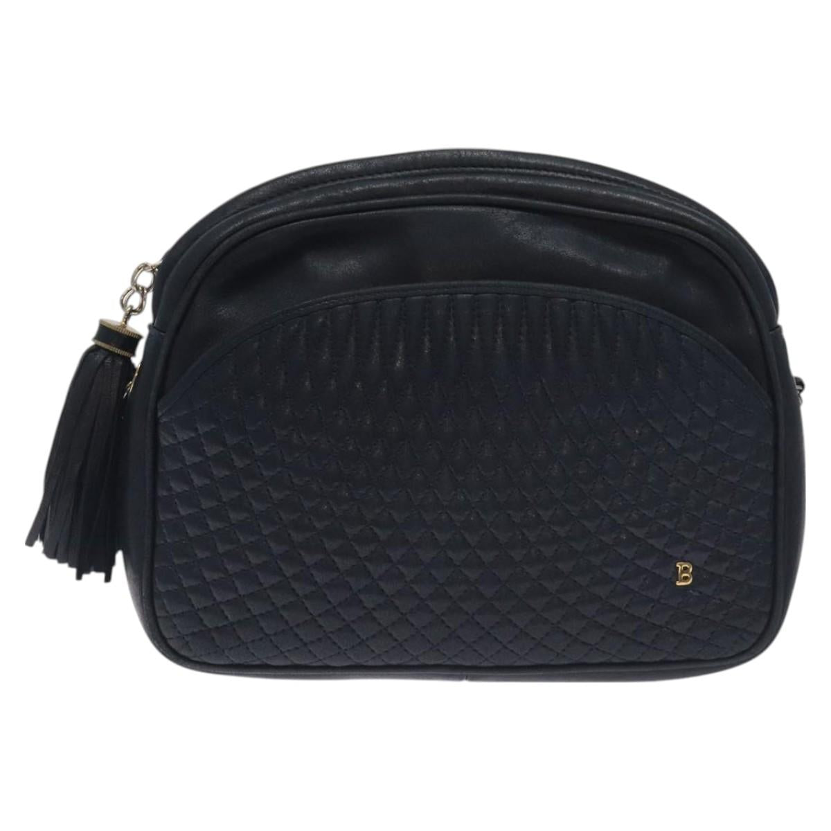 BALLY Shoulder Bag Leather Navy Gold Auth BA3407