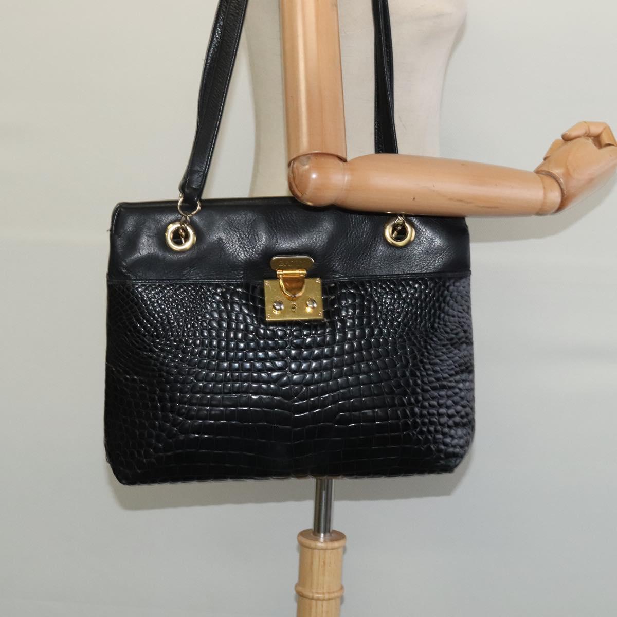 BALLY Tote Bag Leather Embossed Black Gold Auth BA3415
