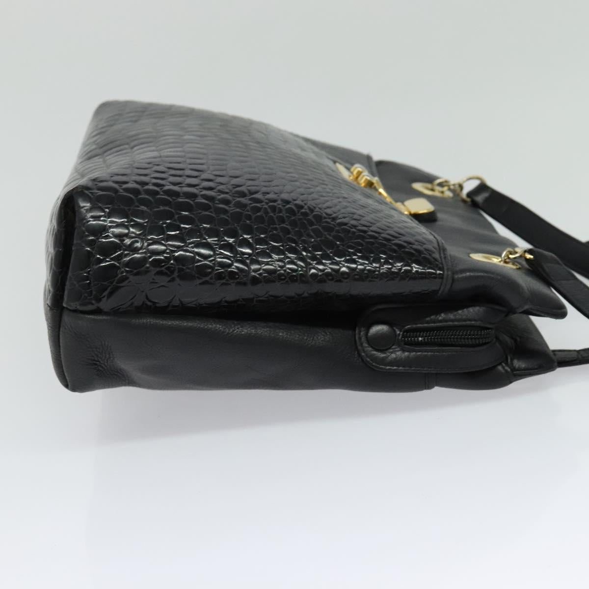 BALLY Tote Bag Leather Embossed Black Gold Auth BA3415