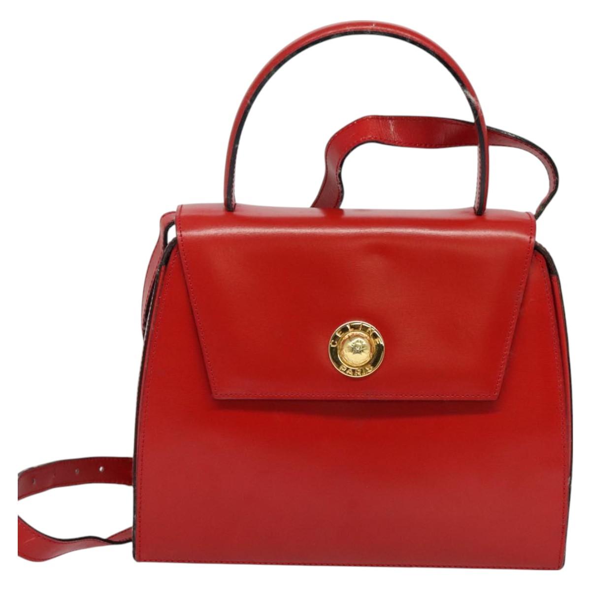 CELINE Hand Bag Leather 2way Red Gold Auth BA3417