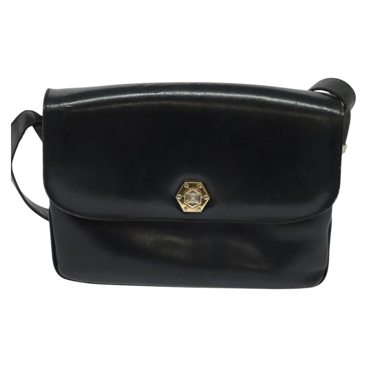 CELINE Shoulder Bag Leather Black Gold Auth BA3418