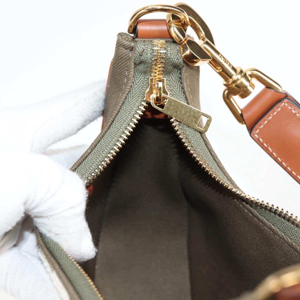 CELINE Triomphe Ava Shoulder Bag Canvas Leather Pile Khaki Gold Auth BA3420M