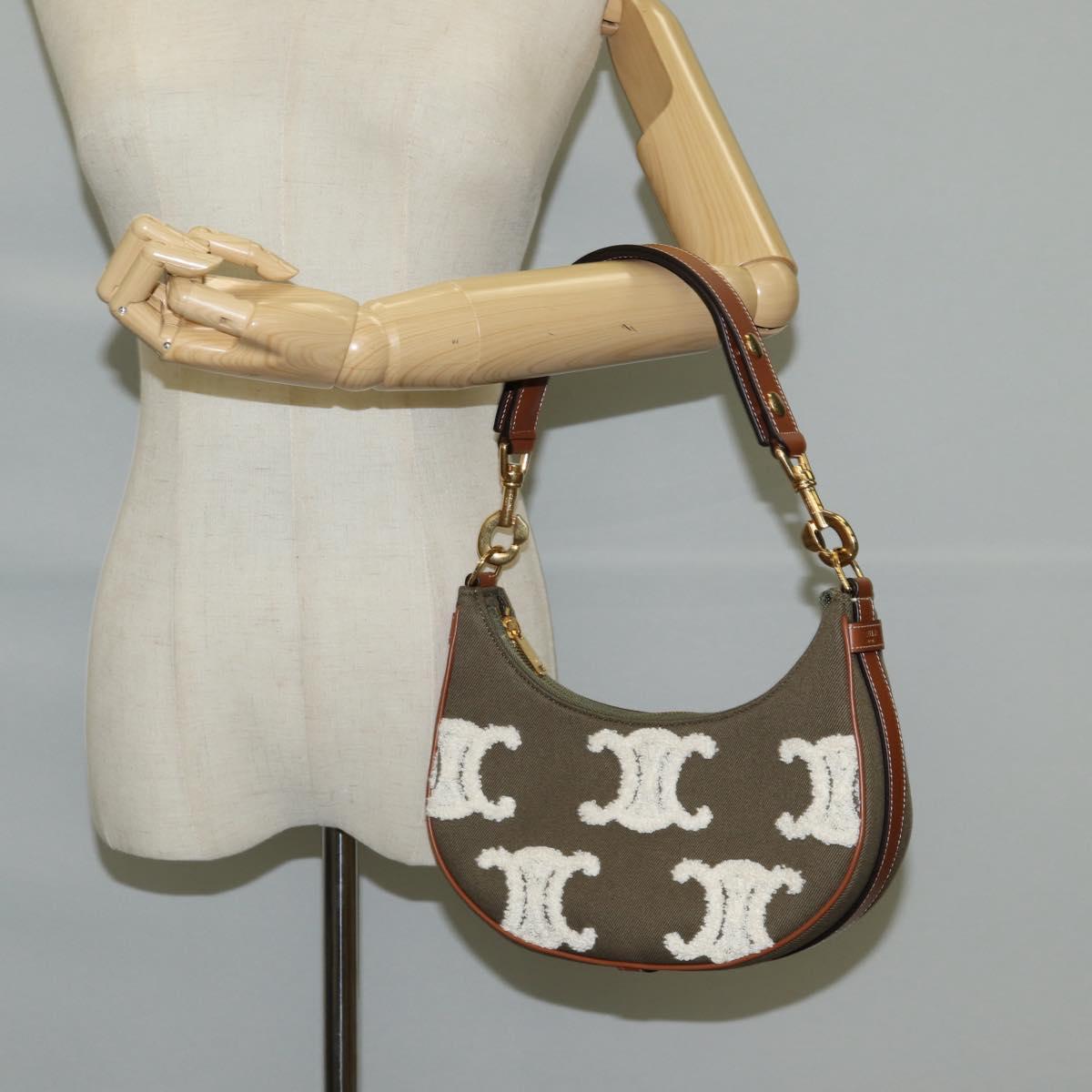 CELINE Triomphe Ava Shoulder Bag Canvas Leather Pile Khaki Gold Auth BA3420M
