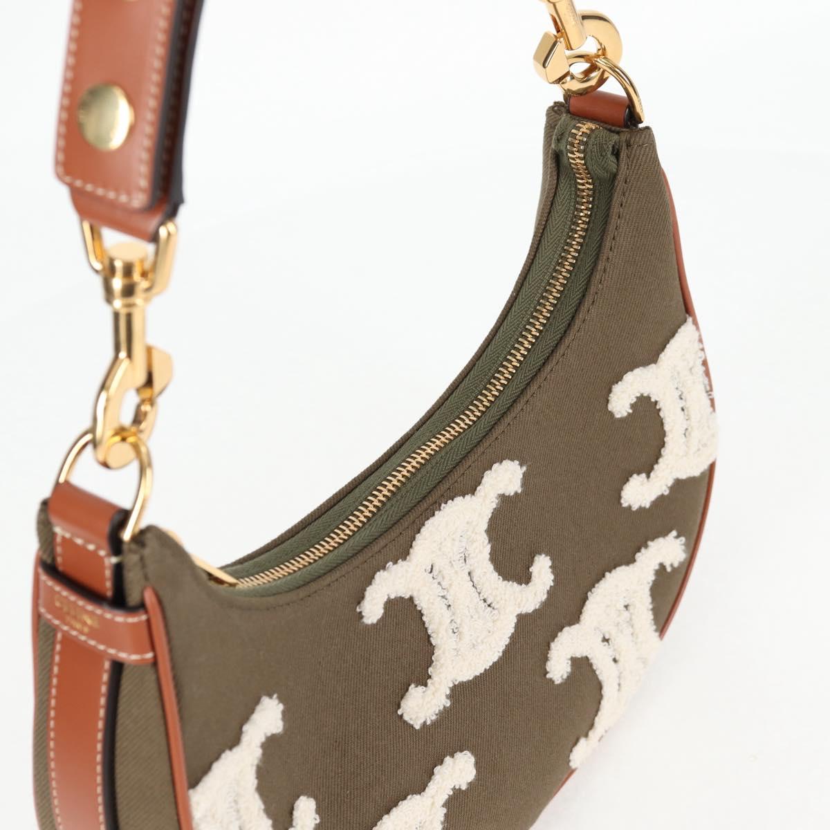 CELINE Triomphe Ava Shoulder Bag Canvas Leather Pile Khaki Gold Auth BA3420M