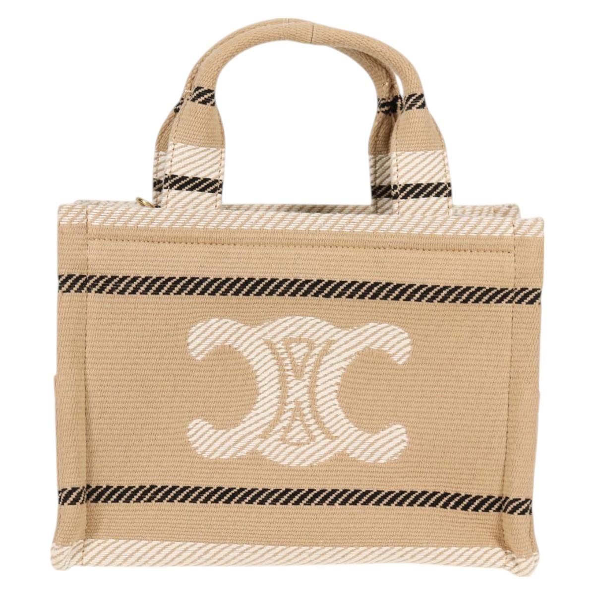 CELINE Triomphe Small Cabas Tice Tote Bag Canvas Beige Gold Auth BA3442M