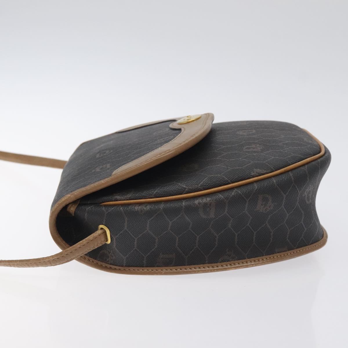 Christian Dior Honeycomb Canvas Shoulder Bag PVC Leather Black Gold Auth BA3446