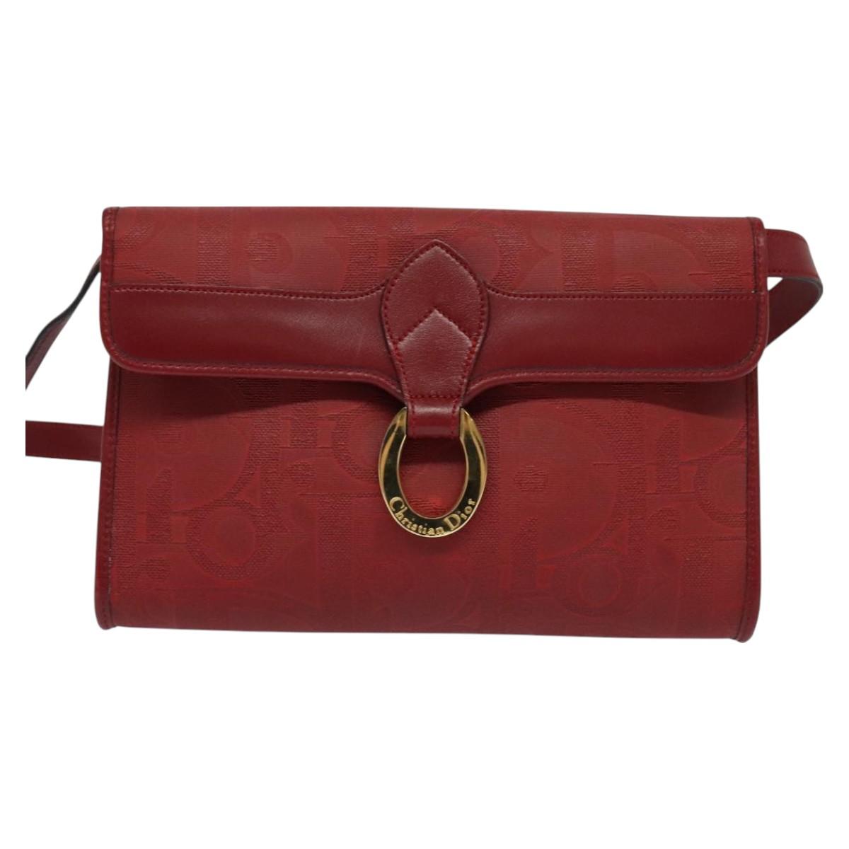 Christian Dior Trotter Canvas Shoulder Bag Red Gold Auth BA3450