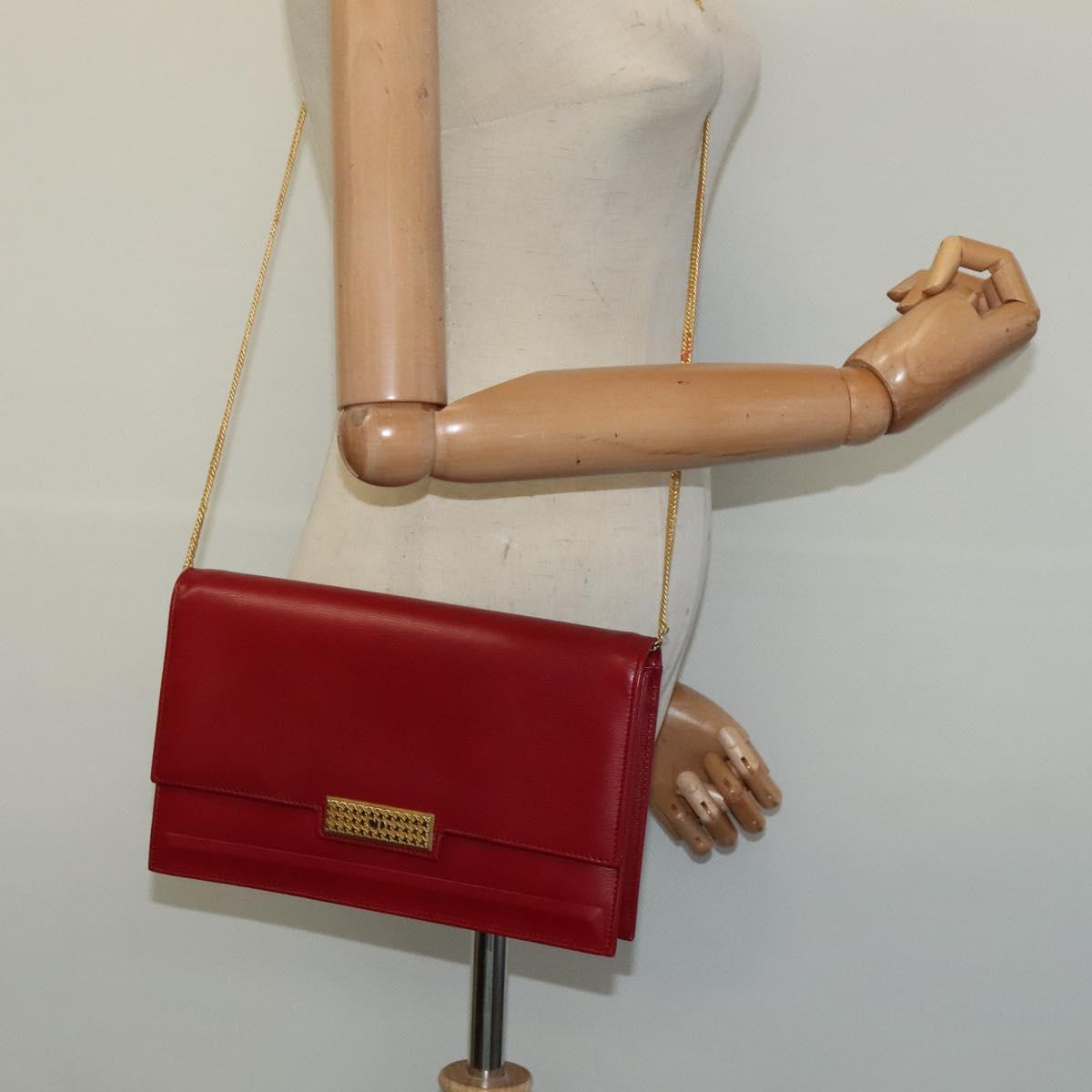 Christian Dior Chain Shoulder Bag Leather Red Gold Auth BA3452