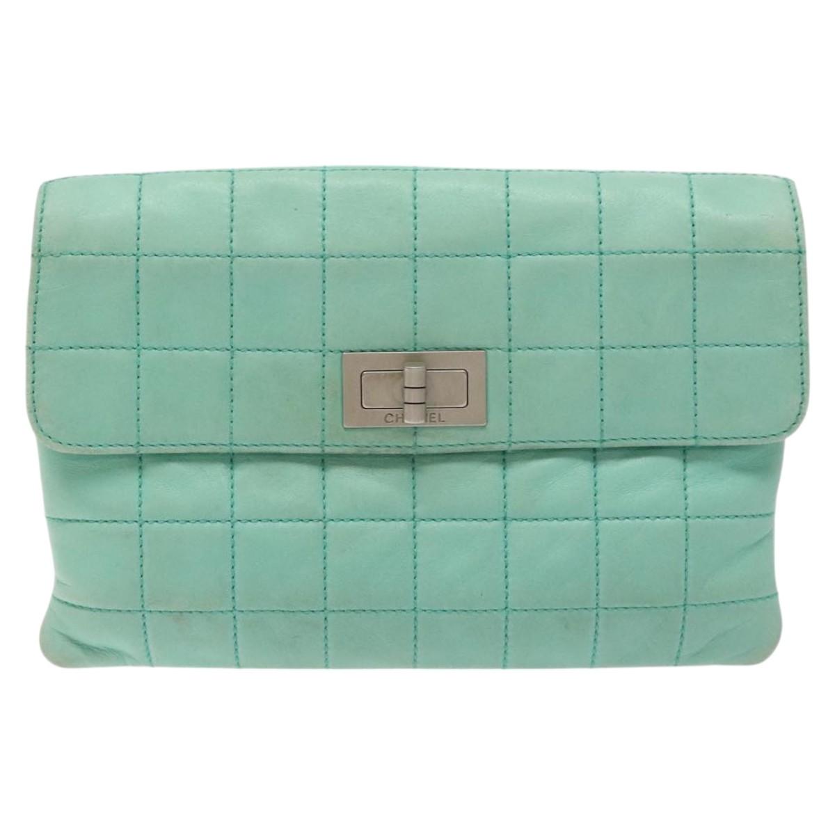 CHANEL Choco Bar Clutch Bag Lamb Skin Peppermint CC Auth BA3453
