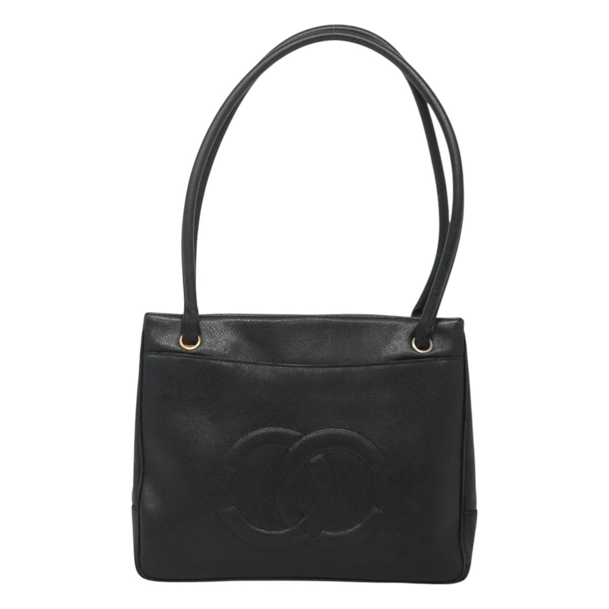 CHANEL COCO Mark Tote Bag Caviar Skin Black Gold CC Auth BA3454