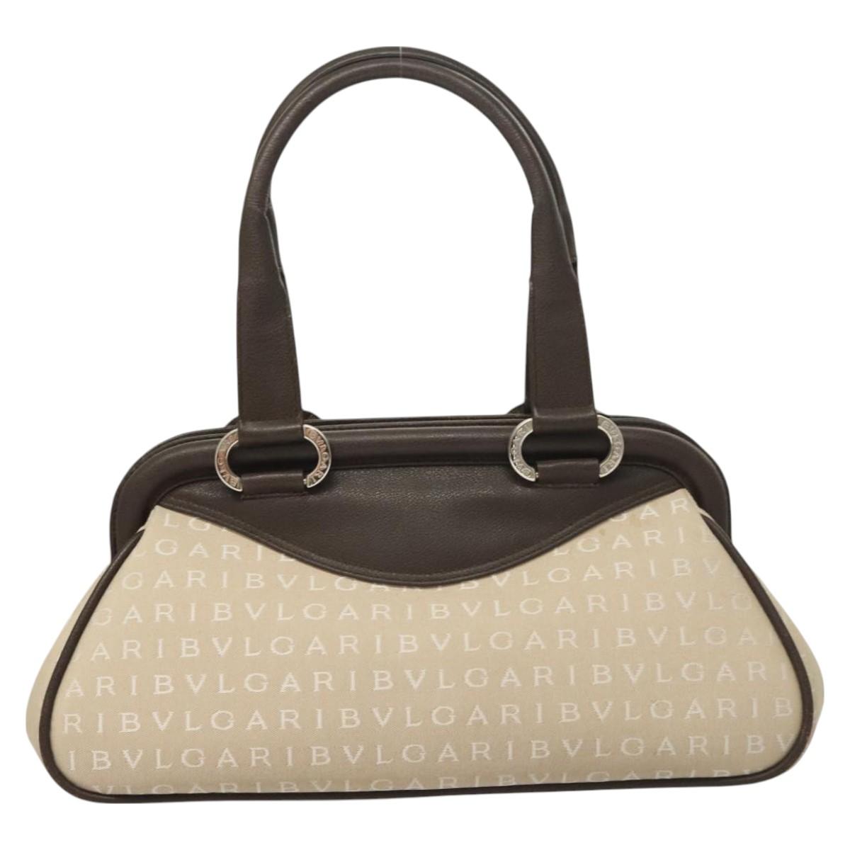 BVLGARI Logo Mania Tote Bag Canvas Leather Beige Silver Auth BA3461
