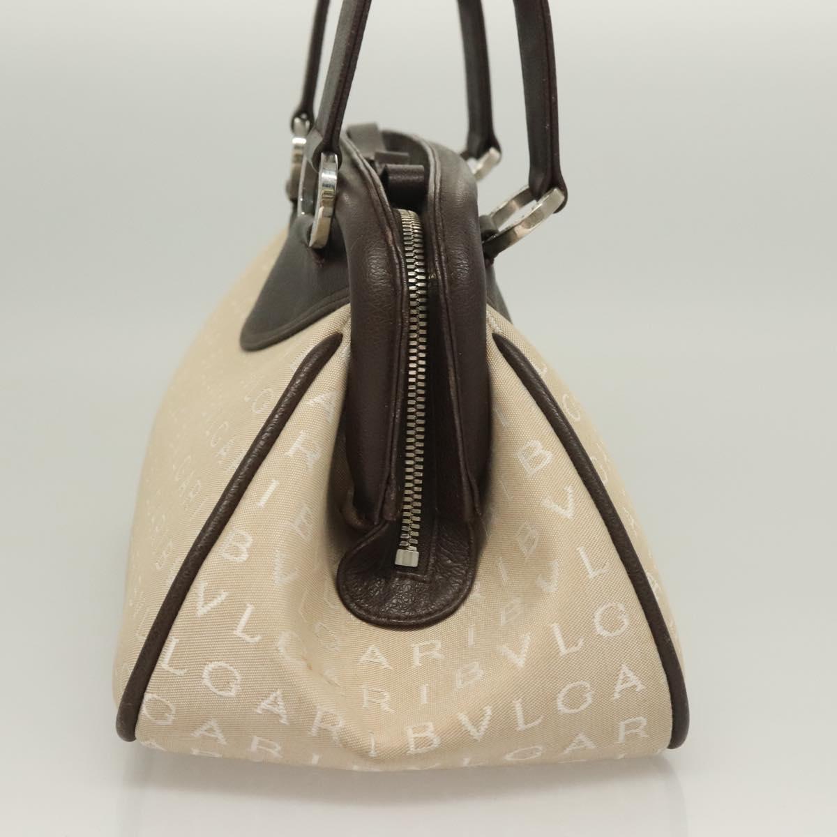 BVLGARI Logo Mania Tote Bag Canvas Leather Beige Silver Auth BA3461