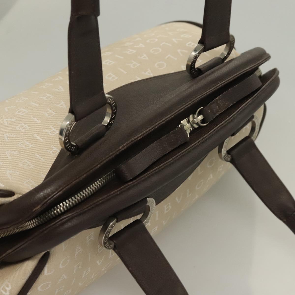 BVLGARI Logo Mania Tote Bag Canvas Leather Beige Silver Auth BA3461