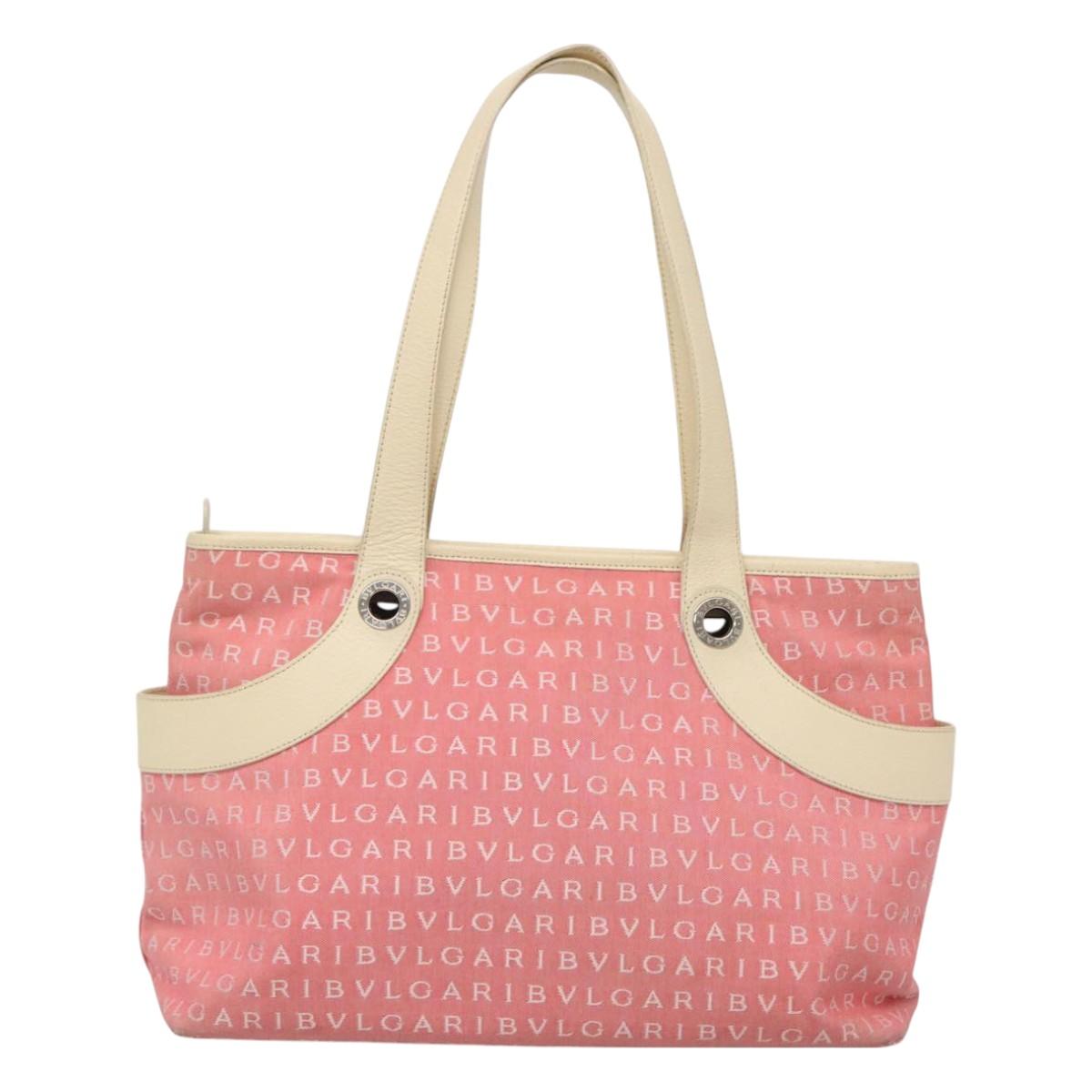BVLGARI Logo Mania Tote Bag Canvas Pink Silver Auth BA3462