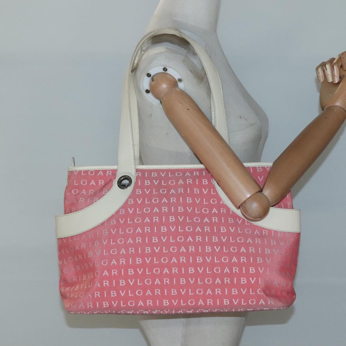 BVLGARI Logo Mania Tote Bag Canvas Pink Silver Auth BA3462