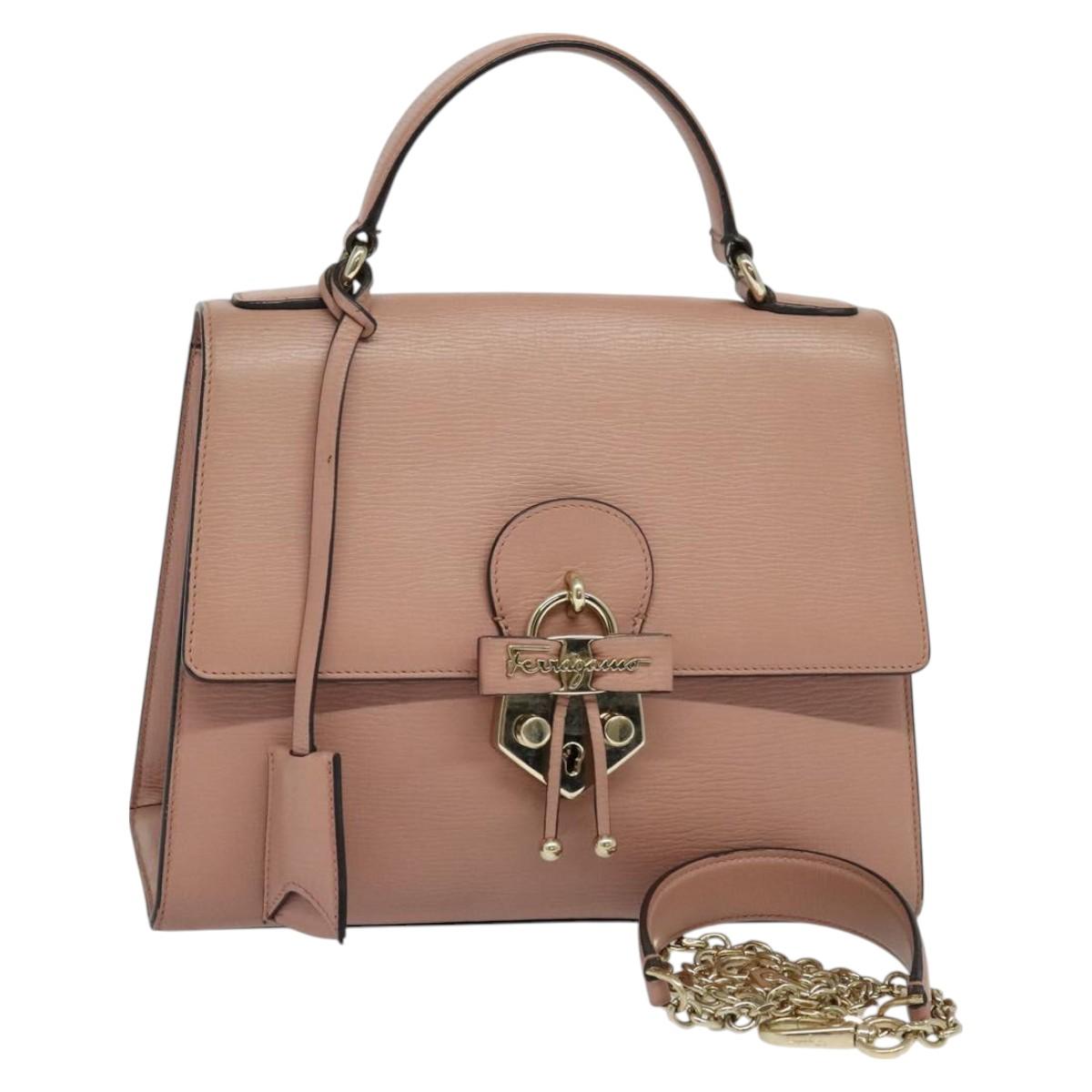 Salvatore Ferragamo Vala Hand Bag Leather 2way Pink Gold Auth BA3463