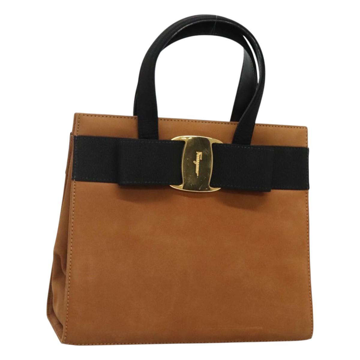 Salvatore Ferragamo Vala Hand Bag Suede Brown Gold Auth BA3464
