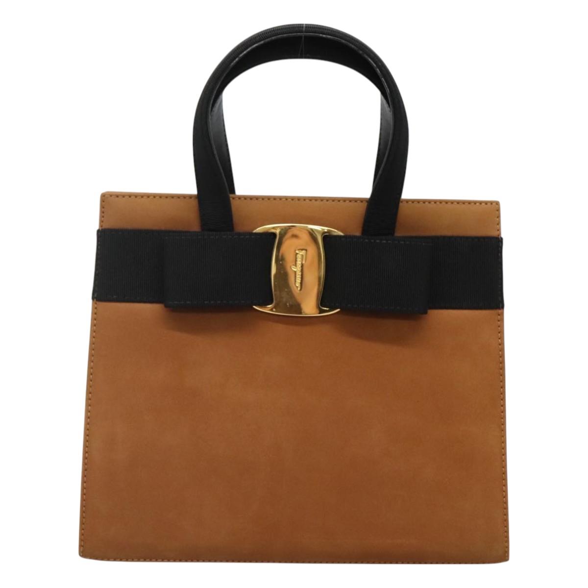 Salvatore Ferragamo Vala Hand Bag Suede Brown Gold Auth BA3464
